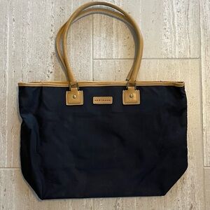 Hartmann Black Nylon Day Tote Bag Tan Leather Trim Travel Carryall Weekender